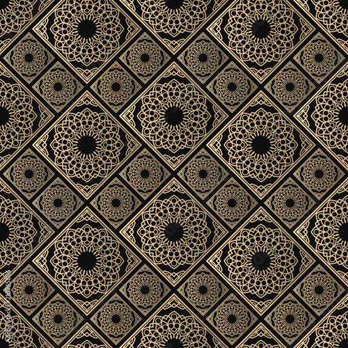 Islamic vector design. Seamless pattern oriental ornament. Black and golden textile print. Floral tiles.