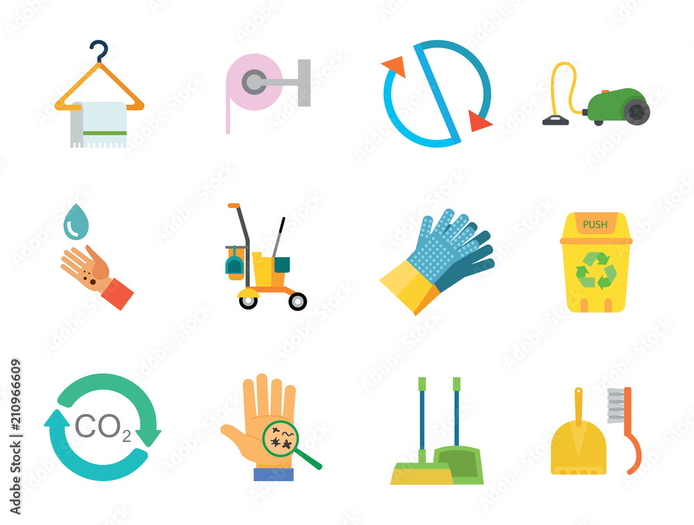 Cleaning Icon Set. Cleaning Service Cart Circulation Carbon Dioxide Cycle  Dustpan And Broom Towel Toilet Paper Sweeping Brush House Gloves Vacuum  Cleaner Waste Basket Recycle Bin Hand With Bacteria vector de Stock