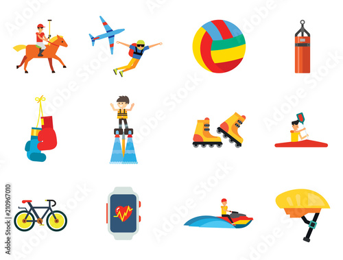 Active Sport Icon Set. Volleyball Tennis Racket Punchbag Horseracing Parachute Jump Flyboard Smartwatch Bicycle Helmet Boxing Gloves Canoeing Rollerblading Jet Skiing