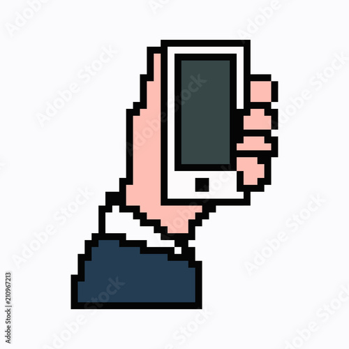 Pixel art phone in hand. Vector 8 bit web icon isolated on white background.