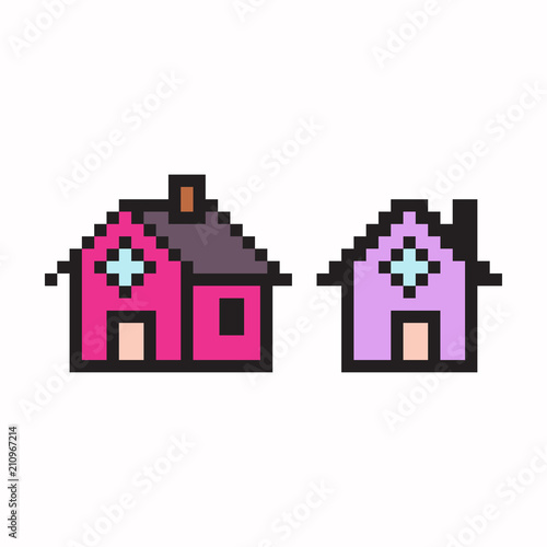 Pixel art house. Vector 8 bit game web icon set isolated on white background.