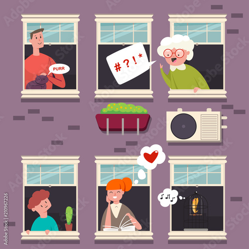 Neighbors in the windows. People character with a speech bubble. Vector cartoon flat illustration of man, woman, grandmother, kid, cat and bird in wood casement in a brick building.