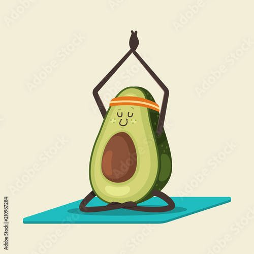 Cute Avocado in yoga pose. Funny vector cartoon fruit character isolated on a background. Eating healthy and fitness.