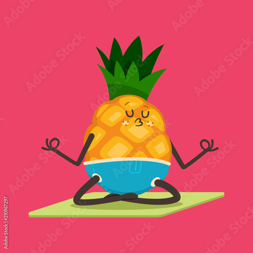Cute Pineapple doing yoga exercise. Funny vector cartoon fruit character in lotus pose isolated on a background. Eating healthy and fitness.