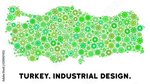 Gear Turkey map collage of small wheels. Abstract territorial plan in green color tinges. Vector Turkey map is created of mechanic parts. Concept of mechanic company.