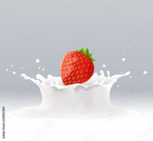 Yogurt splash with berry. Red strawberry fruits falling into the milky splash. Vector template element illustration