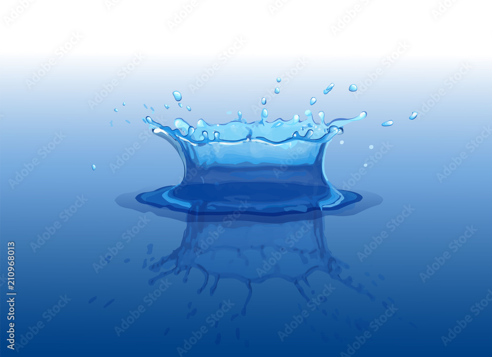 3D water splash with reflection effect. Liquid crown from falling drop
