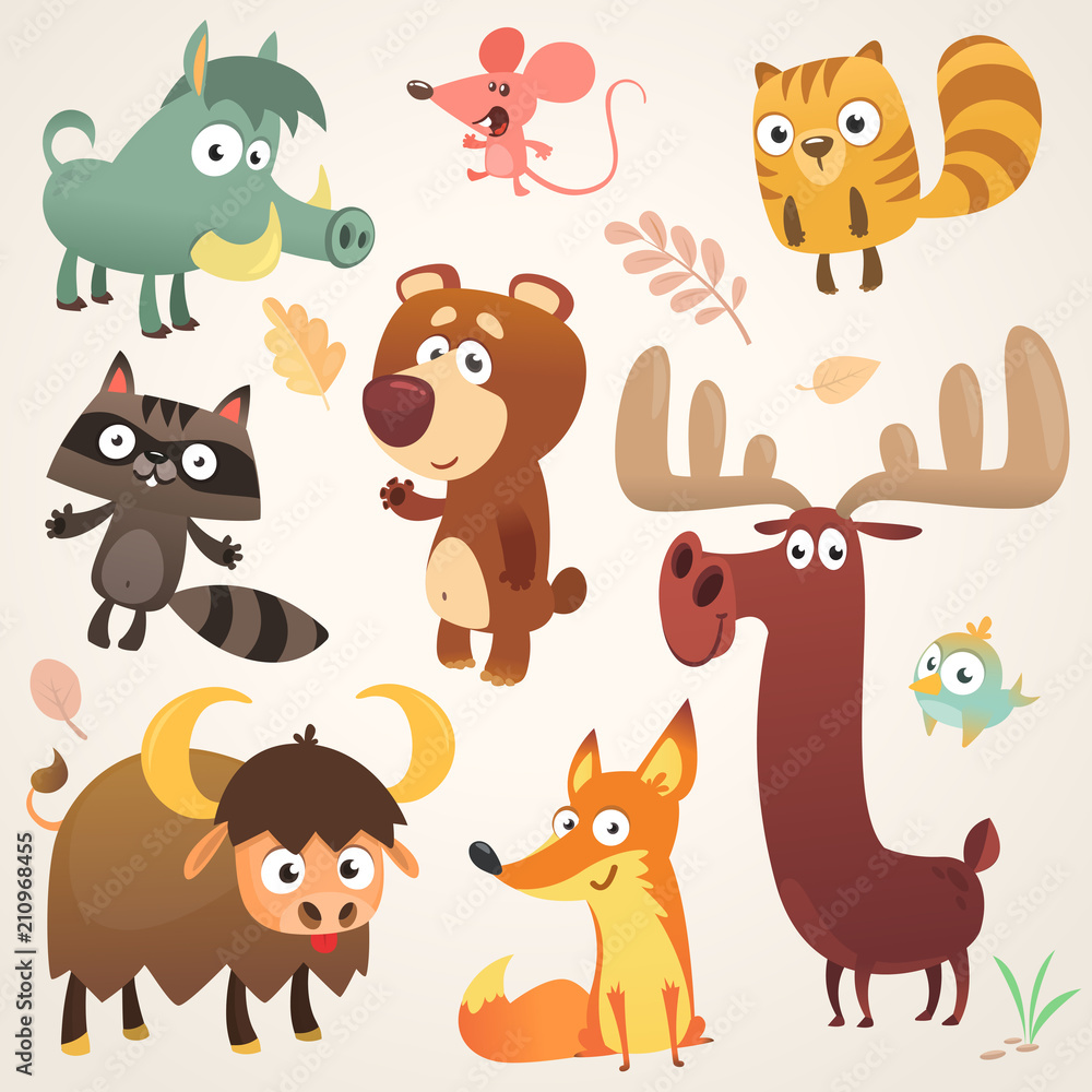 Cartoon forest animal characters. Vector illustration. Big set of cartoon  forest animals illustration. Squirrel, mouse, raccoon, boar, fox, buffalo,  bear, moose, bird. Isolated Stock Vector | Adobe Stock
