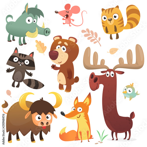 Cartoon forest animal characters. Wild cartoon cute animals collections vector. Squirrel, mouse, raccoon, boar, fox, buffalo, bear, moose, bird. Isolated