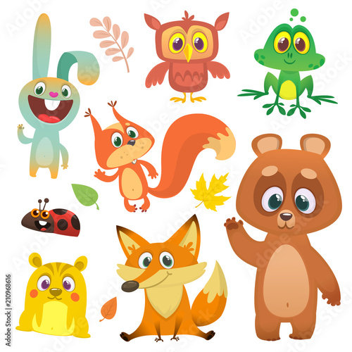 Forest animals set cartoon. Vector illustration. Big set of cartoon woodland animals illustration. Squirrel  owl   bunny rabbit  frog  chipmunk  fox   bear  ladybug. Isolated