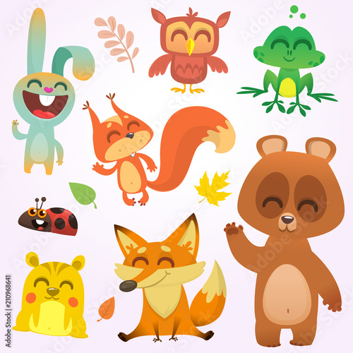 Cartoon woodland animals. Vector illustration. Big set of cartoon woodland animals illustration. Squirrel, owl, bunny rabbit, frog, chipmunk, fox, bear, ladybug. Isolated