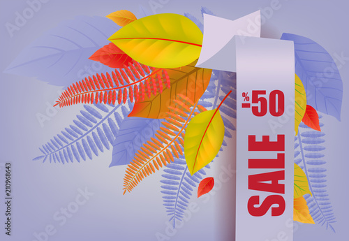 Sale, minus fifty percent lettering, yellow and purple leaves. Seasonal offer or sale advertising design. Typed text, calligraphy. For leaflets, brochures, invitations, posters or banners.