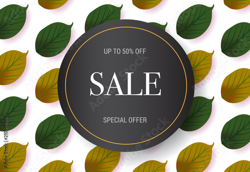 Sale, special offer lettering with leaves pattern. Autumn offer or sale advertising design. Typed text, calligraphy. For leaflets, brochures, invitations, posters or banners.