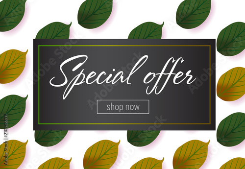 Special offer lettering with green leaves pattern. Autumn offer or sale advertising design. Handwritten and typed text, calligraphy. For leaflets, brochures, invitations, posters or banners.