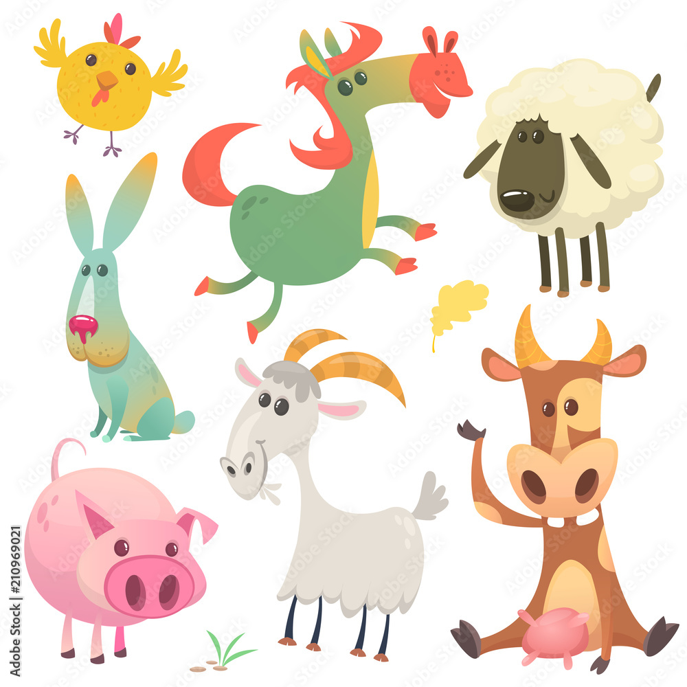 Obraz premium Cute farm baby animals set collection. Vector illustration of cow, horse, chicken, bunny rabbit, pig, goat and sheep