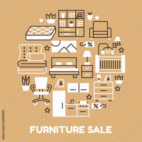 Furniture sale banner illustration with flat line icons. Interior store poster with living room, bedroom, home office chair, kitchen, sofa, nursery, lamp, sideboard thin linear signs. Circle template.