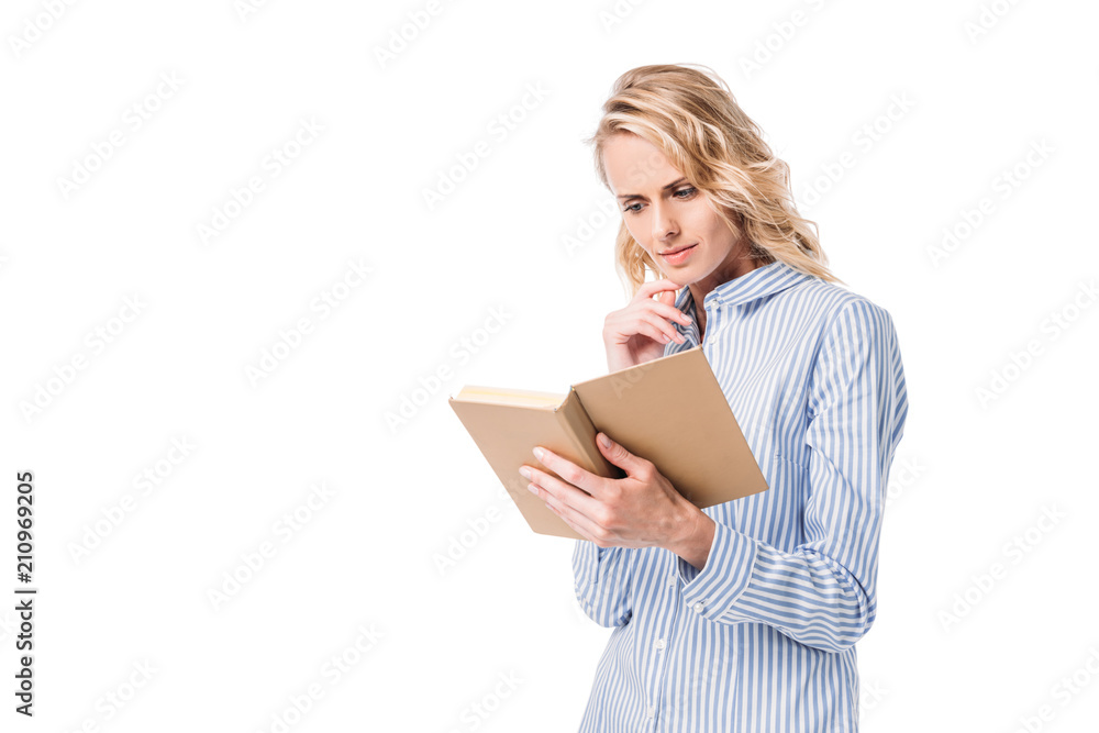 pensive attractive woman reading book isolated on white pensive attractive woman reading book isolated on white