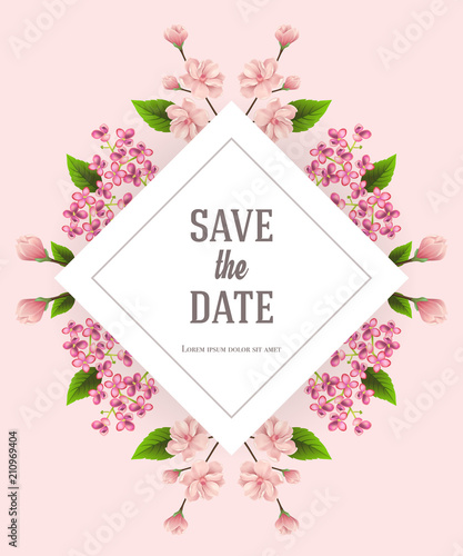 Save the date design template with cherry and lilac flowers on pink background. Handwritten text, calligraphy. Wedding or Valentine day concept. Can be used for invitation, flyer, brochure