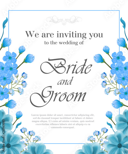 Wedding invitation design with blue frame and forget me nots. Text can be used for invitation cards, postcards, save the date templates