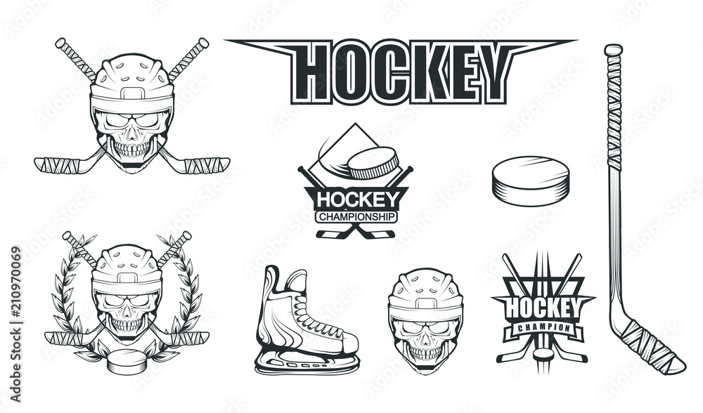 Fototapeta premium Set of different elements for hockey playing. Hockey helmet. Professional ice skates illustration. Skull with hockey helmet. Ice Games logo. Goalkeeper mask with sticks. Vector graphics to design.