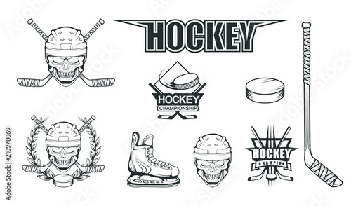 Set of different elements for hockey playing. Hockey helmet. Professional ice skates illustration. Skull with hockey helmet. Ice Games logo. Goalkeeper mask with sticks. Vector graphics to design.