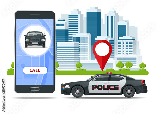 Call police app on smartphone screen. Emergency call use by smartphone. Sos mobile concept for web banner, web site, infographics, vector illustration