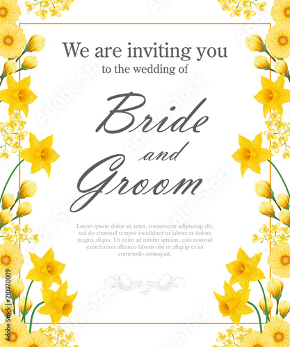 Wedding invitation design with yellow daffodils and gerberas. Text in frame can be used for invitation cards, postcards, save the date templates