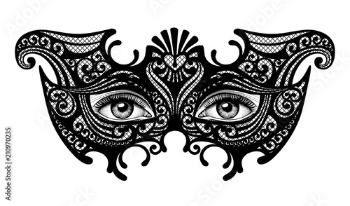 Black silhouette of a decorative carnival Venetian mask with female eyes isolated on white