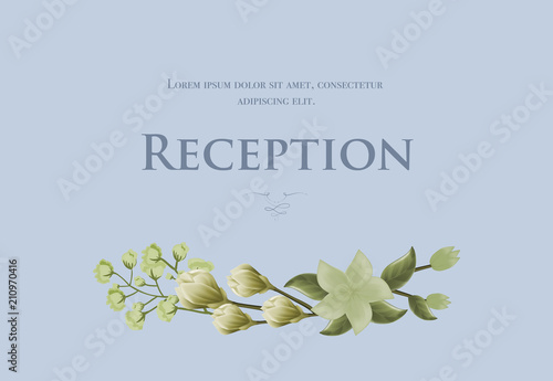 Wedding reception card template with snowdrops and lily on blue background. Text can be used for invitation cards, postcards, save the date design