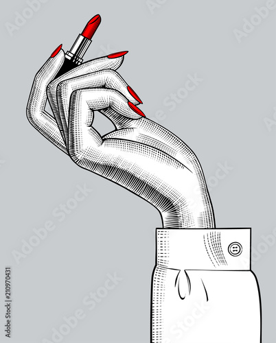 Female hand with a red lipstick