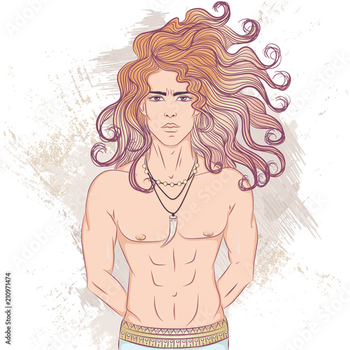 Vector illustration of a hunter man with long hair. A man with a naked torso. The illustration on decorative grunge background in retro colors