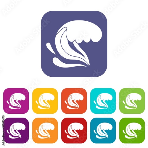 Surf wave icons set vector illustration in flat style in colors red, blue, green, and other