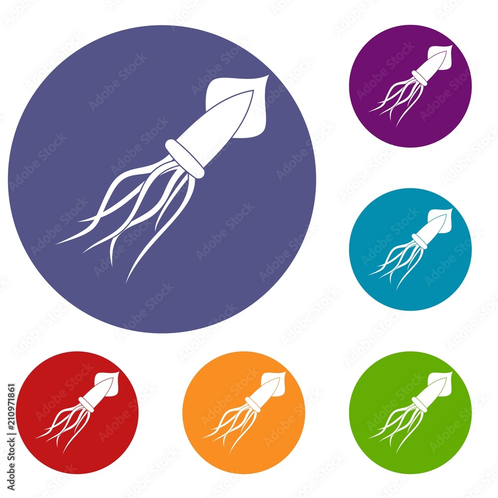 Squid icons set in flat circle red, blue and green color for web