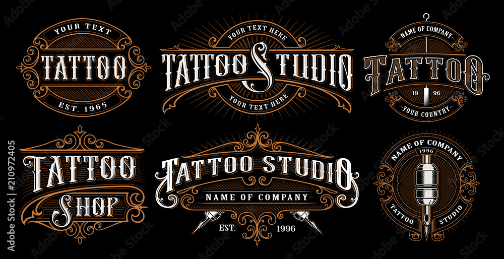 Set of vintage tattoo emblems (VERSION FOR DARK BACKGROUND)