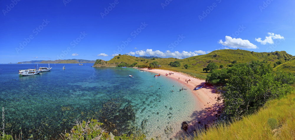 Superlarge panorama of Pink Beach, Flores Island.