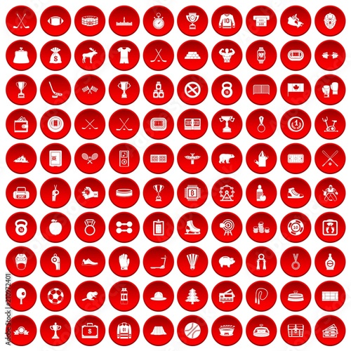 100 hockey icons set in red circle isolated on white vector illustration