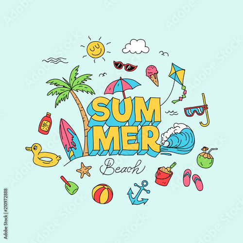Summer time doodle art with beach holiday object illustration. Full colored creative hand drawing design.