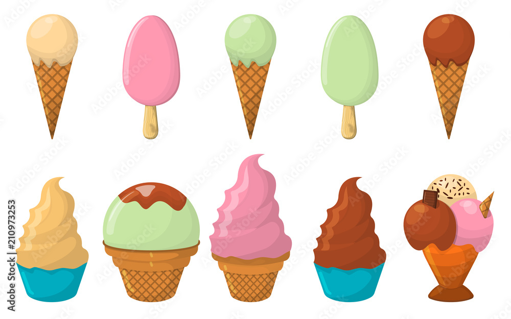 Set of Ice Cream Cartoon Icon. Summer Sundae Logo and Label for Ice Cream Shop. Vector Illustration Set of Ice Cream Cartoon Icon. Summer Sundae Logo and Label for Ice Cream Shop. Vector Illustration