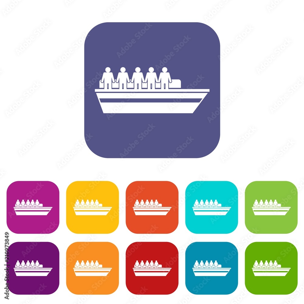 People on ship icons set vector illustration in flat style in colors red, blue, green, and other