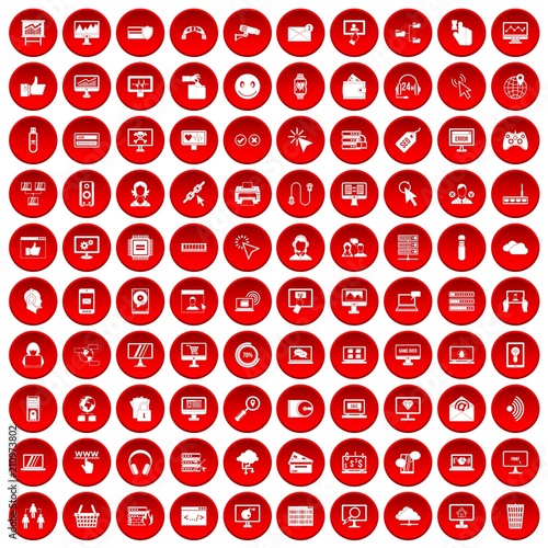 100 internet icons set in red circle isolated on white vector illustration