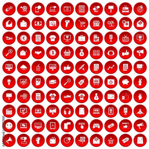 100 internet marketing icons set in red circle isolated on white vector illustration