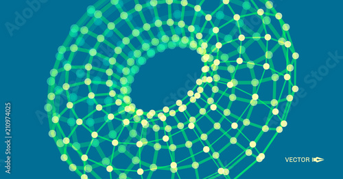 Torus. Object with lines and dots. Molecular grid. Technology style with particle. Vector illustration. Futuristic connection structure for chemistry and science.