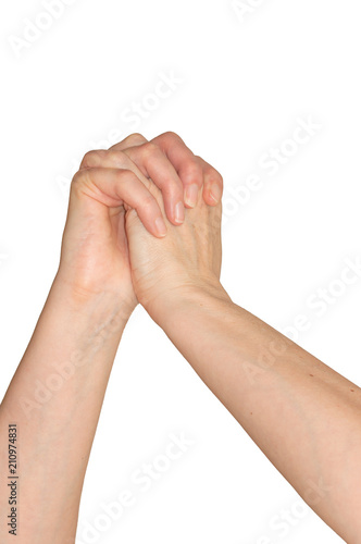 Caucasian woman's hands clasped with fingers interlaced in a pleading for help or mercy gesture. Isolated on white.