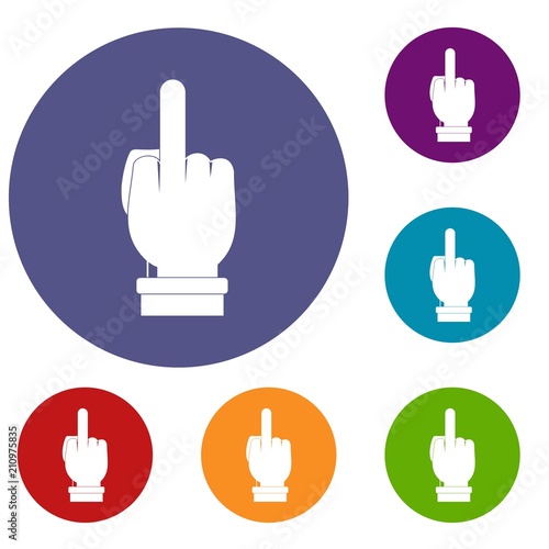 Middle finger hand sign icons set in flat circle red, blue and green color for web