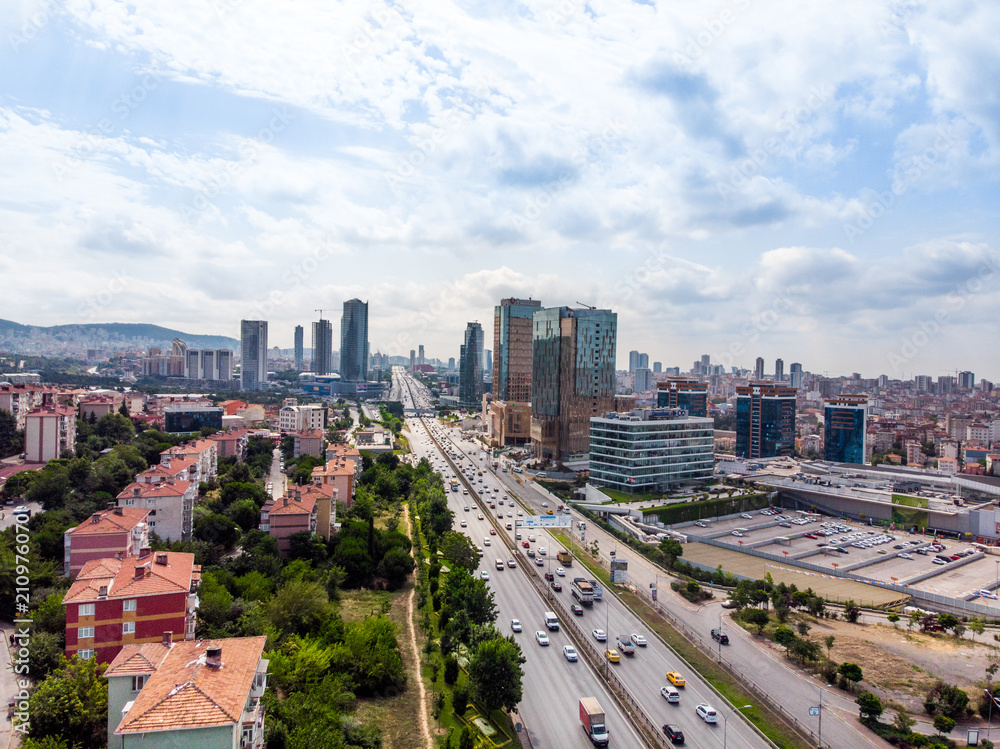 Istanbul, Turkey - February 23, 2018: Aerial Drone View of Istanbul Maltepe E5 Highway