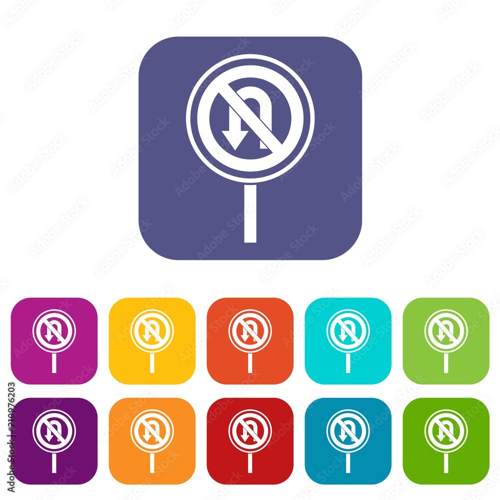 No U turn road sign icons set vector illustration in flat style in colors red, blue, green, and other No U turn road sign icons set vector illustration in flat style in colors red, blue, green, and other
