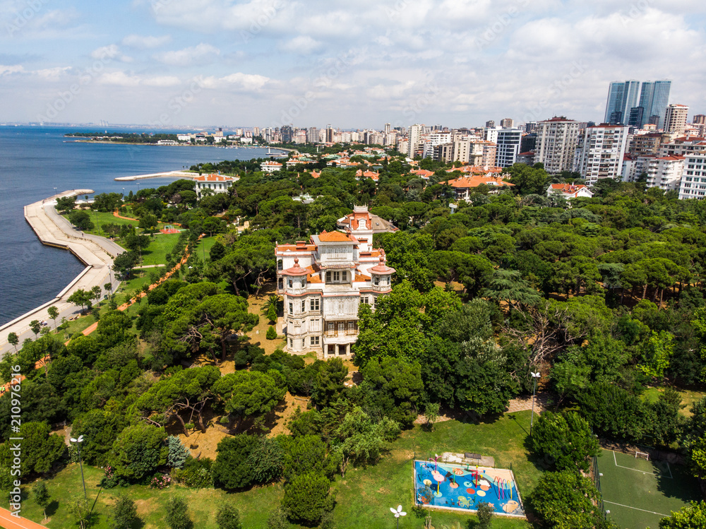 Aerial Drone View of Caddebostan Ragip Pasa Mansion / Istanbul Seaside