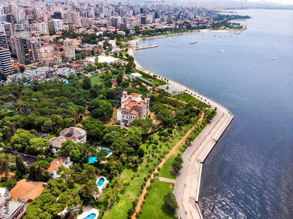 Aerial Drone View of Caddebostan Ragip Pasa Mansion / Istanbul Seaside