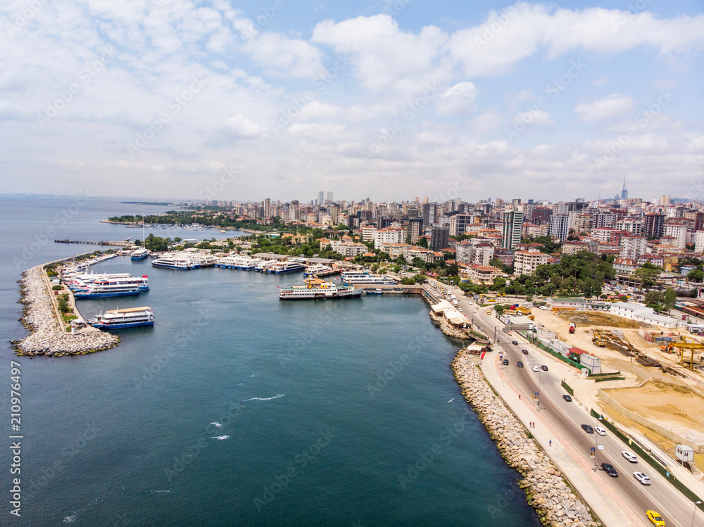 Aerial Drone View of Bostanci Sea Bus and Steamboat Ferry Pier / Istanbul Seaside