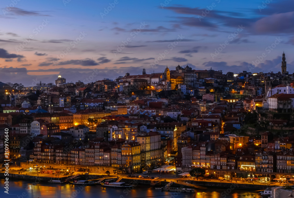 Porto, Portugal  old city skyline from across the Douro River.
